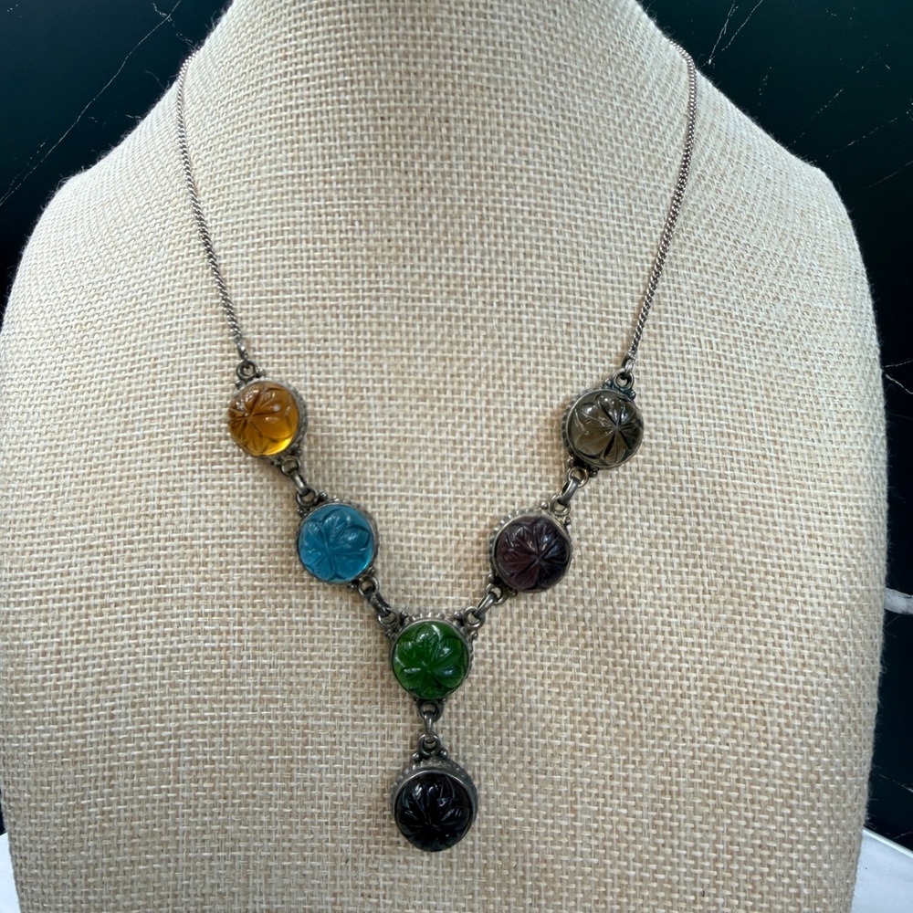 Vintage 925 Sterling Silver Carved Glass Floral Multi Color Drop Necklace 18"